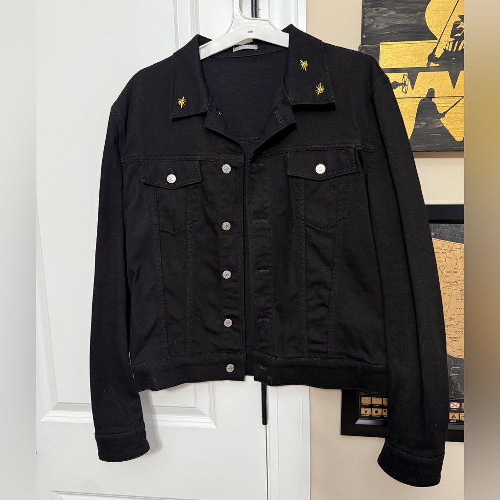 Dior Homme Gold Bee Collar Black Denim Trucker Jacket Size Large / 54